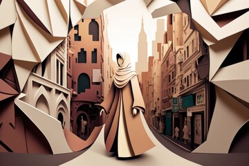 Poster - A Man In A White Robe Is Walking Through A City With Buildings Oasis Paper Cutting Motion Graphics