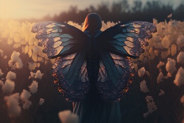 Poster - A Woman With A Butterfly Wings Standing In A Field Of Flowers Forest Fine Art Photography Energy Healing Generative AI 