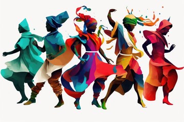Poster - A Group Of People In Colorful Dresses And Hats Are Dancing Together Dance Studio Fauvism Latin American Culture Generative AI 