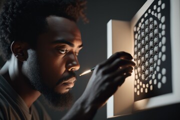 Poster - a man is drawing on a light panel with a pencil and a pen lunar landscape kinetic art motion graphic