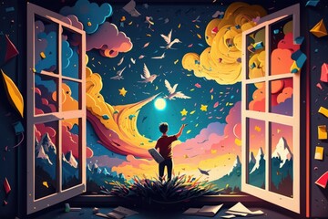 Poster - A Person Standing In Front Of A Window With A View Of A Sky Workshop Graphic Design Content Creation