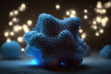 Poster - A Blue Stuffed Animal Sitting On Top Of A Table Next To A Blue Ball Coral Reef Animation Motion Graphics Generative AI 