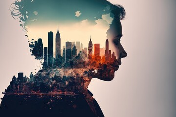 Poster - A Woman's Face With A City Skyline In The Background Modern City Skyline In The Morning With Sunrise Graphic Design Cities Generative AI 