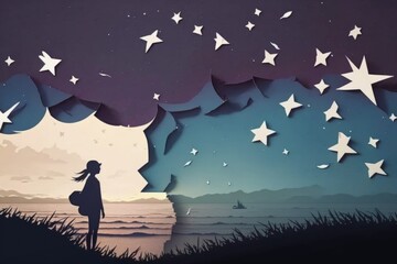 Poster - A Girl Looking At The Stars In The Sky Above The Water Lunar Landscape Paper Cutting Creativity Generative AI 