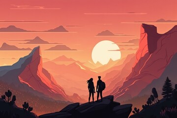 Aufkleber - A Couple Of People Standing On Top Of A Mountain Under A Sunset Mountain Pass At Sunset Animation Adventure Generative AI 