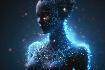 Poster - A Woman With Glowing Blue Skin And Body Art Work On Her Face Factory Animation Artificial Intelligence