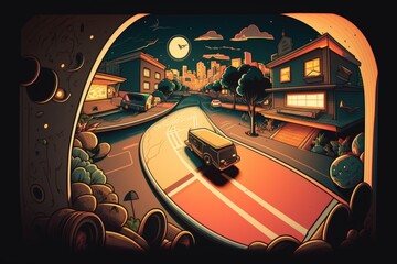 Poster - A Car Driving Down A Street At Night Time With A Full Moon City Street At Night Time-lapse Photography Motion Graphics Generative AI 