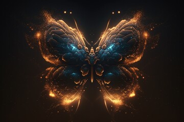 Leinwandbilder - A Butterfly With Glowing Wings And A Black Background With A Blue And Yellow Pattern Zoo Digital Art Energy Healing Generative AI 