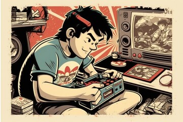 Poster - A Boy Playing A Game On A Nintendo Wii Console In Front Of A Tv Arcade Video Art Gaming Generative AI 