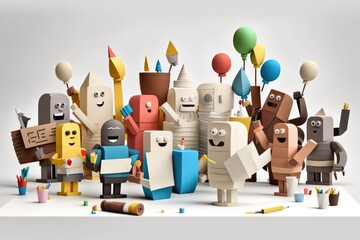 Poster - A Group Of Paper Toys With Balloons And Pencils On A Table Workshop Animation Motion Graphics