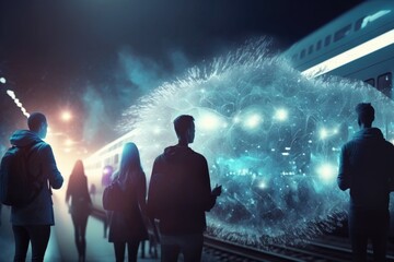 Poster - A Group Of People Standing Next To A Train At Night Time Subway Station Environmental Art Public Transportation Generative AI 