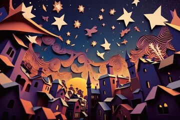 Poster - A Painting Of A City With Stars And A Sky Full Of Stars Lunar Landscape Paper Cutting Motion Graphics Generative AI 