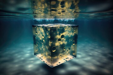 Poster - A Cube Shaped Object Floating In The Water With Bubbles On It Deep Sea Trench Underwater Photography Underwater Photography Generative AI 