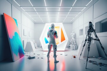 Poster - A Man In A White Space Suit Standing In Front Of A Painting Tundra Fine Art Photography Motion Graphics Generative AI 