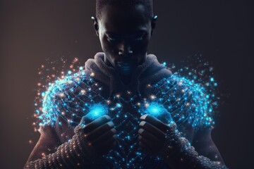 Poster - A Man Holding A Glowing Object In His Hands With Glowing Lights Workshop Advertising Photography Supply Chain Optimization Generative AI 