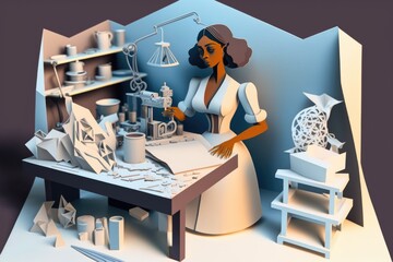 Poster - A Woman Is Working On A Paper Model Of A Room With A Desk Workshop Paper Cutting 3d Modeling
