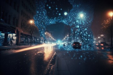 Poster - A Car Driving Down A Street At Night With A Large Blue Sculpture City Street At Night Long Exposure Photography Motion Graphics Generative AI 