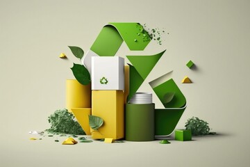 Fototapete - A Group Of Green And Yellow Recycling Containers And Cans With Leaves Wastewater Treatment Plant Environmental Art Sustainability Generative AI 