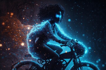 Aufkleber - A Woman Riding A Bike In The Dark With Glowing Lights On Her Face Bike Path Animation Motion Graphics Generative AI 