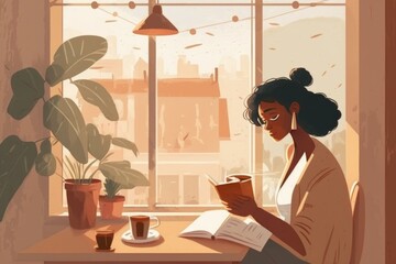 Poster - A Woman Reading A Book And Drinking Coffee In A Room With A Window Coffee Shop Animation Coffee
