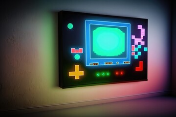Fototapete - 
A Glowing Video Game Screen Mounted To A Wall In A Room Arcade Video Art Pixel Art