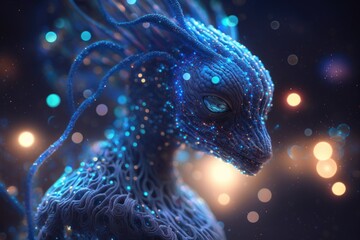 Poster - A Blue Dragon With A Lot Of Bubbles In Its Eyes And Tail Deep Sea Trench Animation Computer Graphics Generative AI 