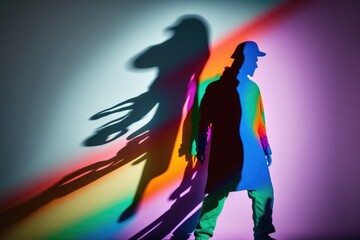 Poster - A Man Standing In Front Of A Rainbow Colored Wall With A Shadow Of A Person On A Bike Art Museum Color Photography Color Photography Generative AI 