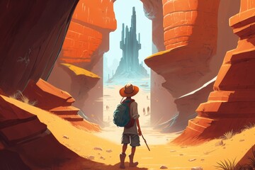Aufkleber - A Person With A Backpack Standing In A Canyon Looking At A Castle Desert Color Field Painting Adventure Travel Generative AI 