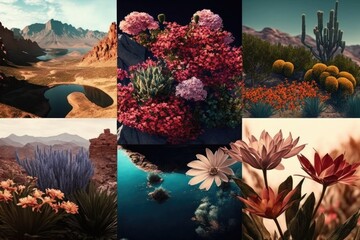 Wall Mural - A Series Of Four Pictures With Different Plants And Flowers In Them Desert Oasis At Sunset Environmental Art Botany Generative AI 