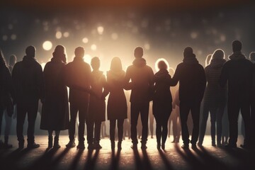 Fototapete - A Group Of People Standing In A Line In The Dark With The Sun Shining Through The Lens Nightclub Advertising Photography Diversity And Inclusion Generative AI 