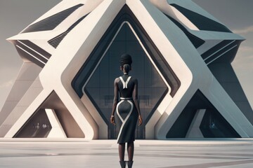 Poster - A Woman In A Black And White Dress Standing In Front Of A Building Art Deco Building Photorealism Architectural Design Generative AI 