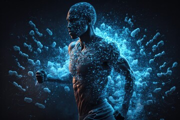 Fototapete - A Man With A Body Painted Like A Man Running Through Water Martial Arts Studio Sports Photography Fitness Modeling Generative AI 