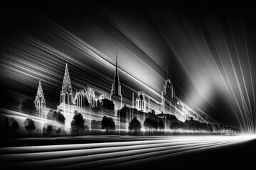 Poster - a black and white photo of a city at night with lights modern city skyline at night long exposure ph