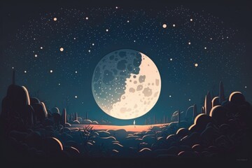 Poster - a full moon is seen in the sky above a desert landscape lunar landscape animation astronomy generati