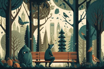 Poster - A Person Sitting On A Bench In A Forest With Birds Flying Around Zoo Environmental Art Wildlife Conservation Generative AI 