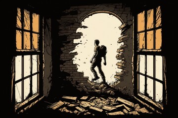 Poster - A Man Standing In A Doorway Of A Brick Building With A Hammer Abandoned Warehouse Interior Graphic Design Brick And Mortar Stores Generative AI 