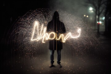 Fototapete - A Person Standing In The Dark With A Sparkler In The Air Beach House Long Exposure Photography Motion Graphics Generative AI 