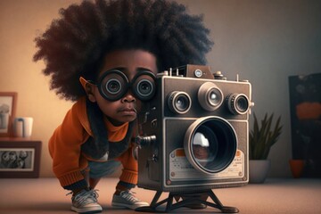 Poster - A Young Girl Is Looking Through A Camera Lens At A Camera Zoo Stereoscopic Photography Animation Filmmaking Generative AI 