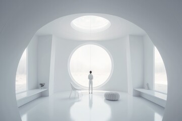 Poster - A Person Standing In A White Room With A Circular Window And A White Bench Conference Room Minimalism Set Design Generative AI 