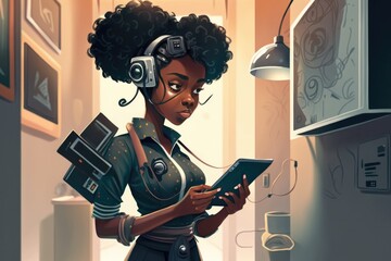 Poster - A Woman With Headphones And A Tablet In A Room With A Lamp Radio Station Digital Art Gadgets