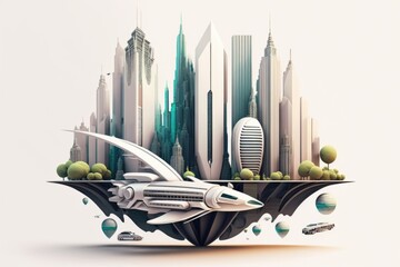 Poster - A Futuristic City With A Futuristic Flying Object In The Middle Of It City Skyline Environmental Art Cities Generative AI 