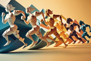 Poster - A Group Of People Running In A Line With A Background Of Triangles Sports Bar Paper Cutting Motion Graphics