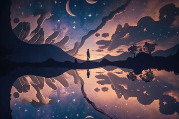 Wall Mural - A Person Standin
g On A Hill Looking At The Sky And Stars Lunar Landscape Panoramic Photography Digital Art Generative AI 