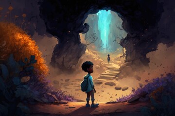 Poster - A Boy Standing In A Cave Looking At A Person Walking Up A Path Canyon Environmental Art Environment Generative AI 
