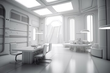 Poster - A Futuristic Office With A Staircase Leading To The Second Floor And A Desk With Chairs Conference Room Minimalism Set Design Generative AI 