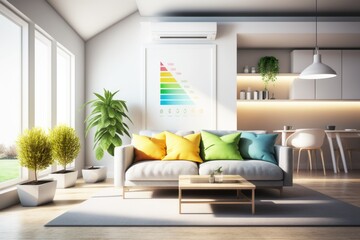 Poster - A Living Room With A Couch And A Table With A Potted Plant Living Room Environmental Art Heating And Cooling Systems Generative AI 