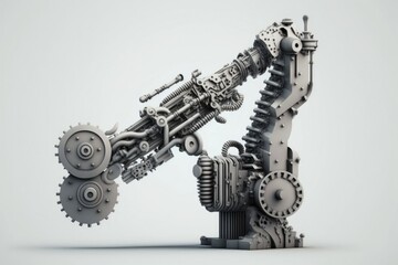 Poster - A Mechanical Machine With Gears And Wheels On A White Background With A Shadow Car Repair Shop Kinetic Art Industrial Design Generative AI 