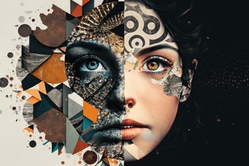 Poster - A Woman With A Face Made Of Different Shapes And Sizes Of Objects Savanna Graphic Design Graphic Design