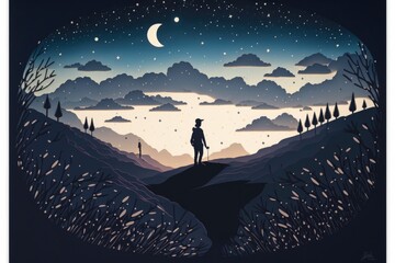 Poster - A Man Standing On Top Of A Hill Under A Night Sky Lunar Landscape Digital Art Digital Illustration Generative AI 