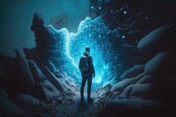 Aufkleber - A Man Standing In A Cave Looking At A Bright Light In The Distance Lunar Landscape Animation Motion Graphics Generative AI 